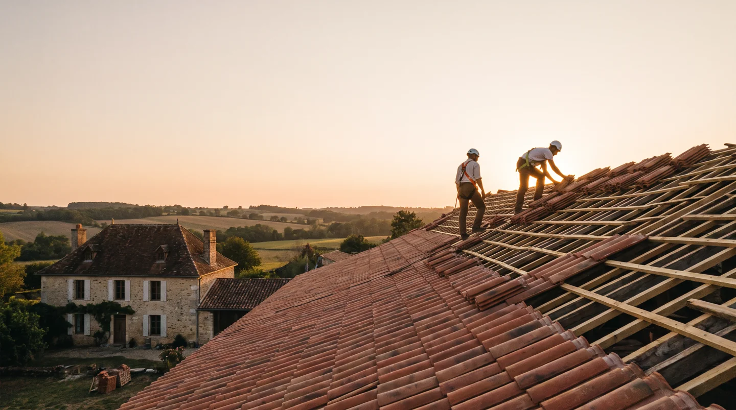 Couvreurs posant des tuiles sur la charpente d'une toiture en cours de rénovation